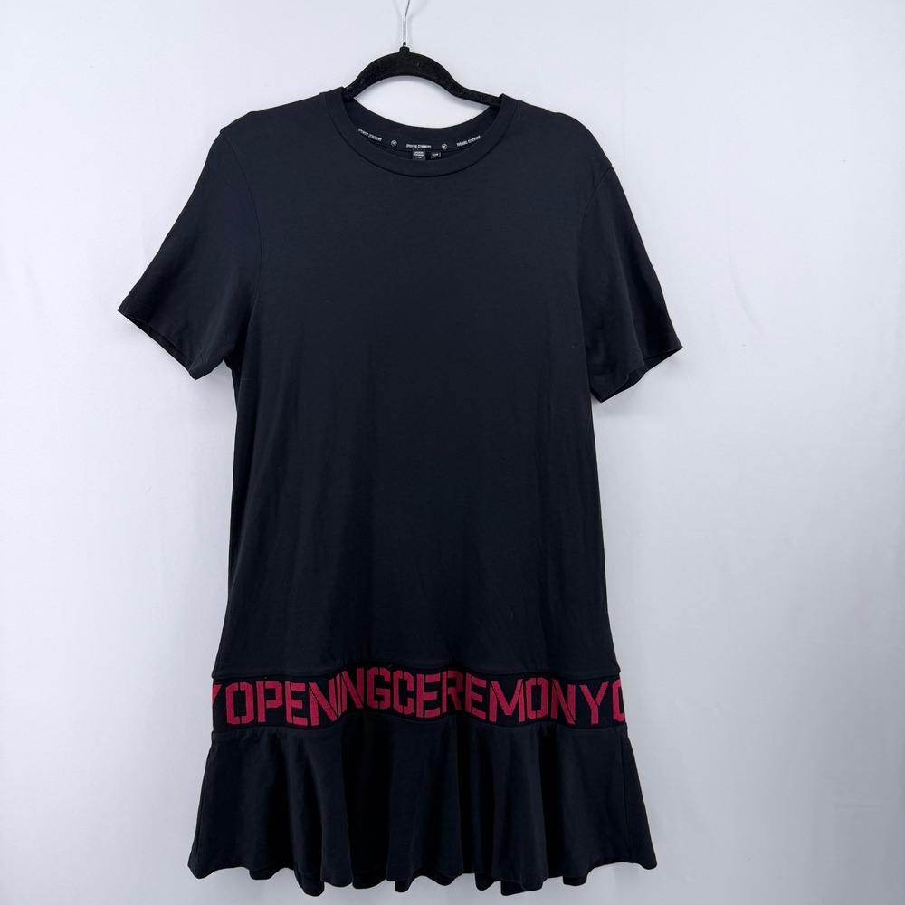 Opening Ceremony Black Logo Ruffle Hem T-Shirt Mini Dress Womens Medium Red Logo